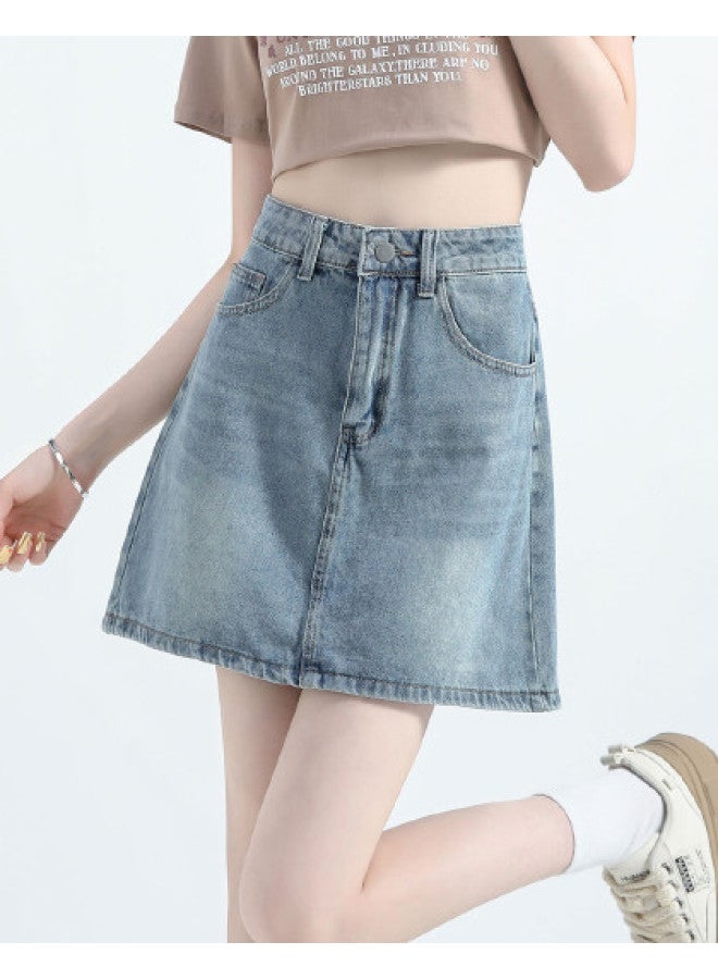 Jeanswest Summer Vintage Denim High-waisted Slimming Washed Jeans A-line Casual Denim Skirt - Image 1