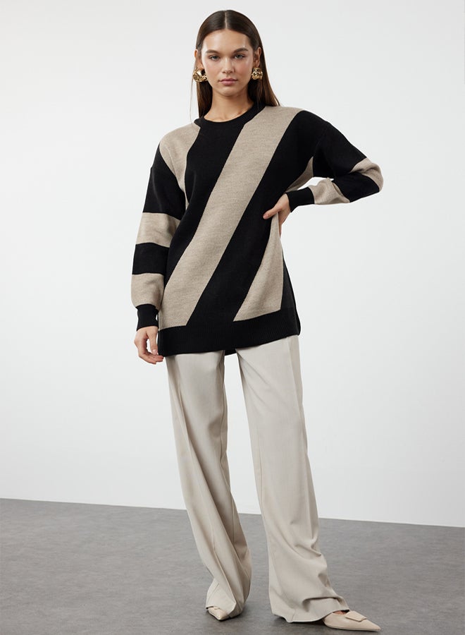 trendyol Camel Stone Color Block Knitwear Striped Sweater - Image 1