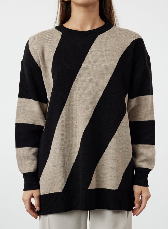 trendyol Camel Stone Color Block Knitwear Striped Sweater - Image 3