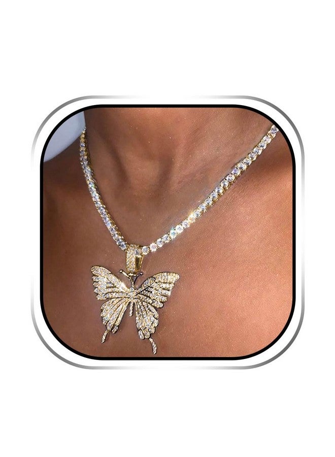 EARENT Rhinestone Butterfly Choker Necklace Crystal Butterfly Pendant Necklaces Chain Sparkly Neck Jewelry For Women (B-Gold) - Image 1