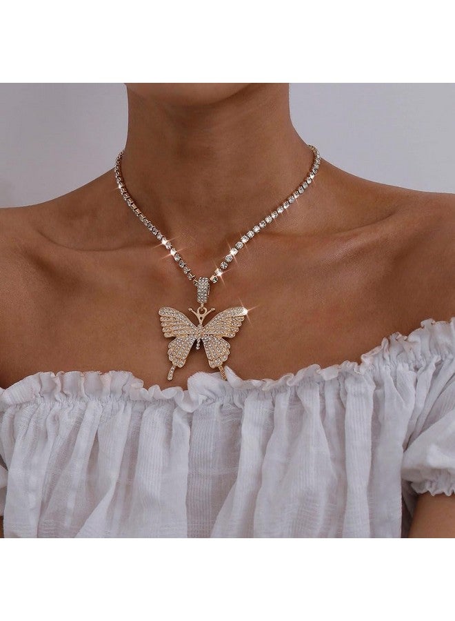 EARENT Rhinestone Butterfly Choker Necklace Crystal Butterfly Pendant Necklaces Chain Sparkly Neck Jewelry For Women (B-Gold) - Image 2