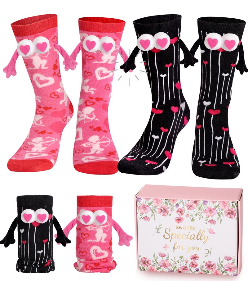 Swooflia 2 Pairs Valentine's Day Couple Socks Set - Romantic Black & Pink Matching Designs - Image 1
