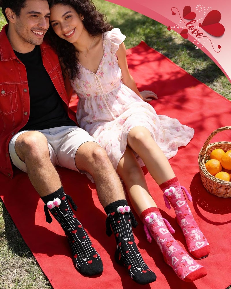 Swooflia 2 Pairs Valentine's Day Couple Socks Set - Romantic Black & Pink Matching Designs - Image 2
