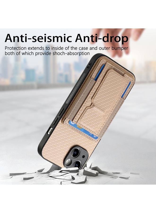 زبون جراب هاتف iPhone 13 Pro مصنوع من ألياف الكربون مع حامل قابل للطي وحقيبة بطاقات مرنة - Image 3