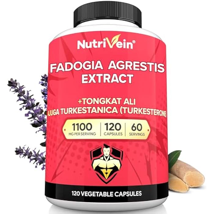 Nutrivein Premium Fadogia Agrestis and Tongkat Ali Supplement with Turkesterone - 1100 mg - 120 Caps - Synergistic Blend for Performance, Strength, & Recovery for Men & Women of All Ages - Image 1