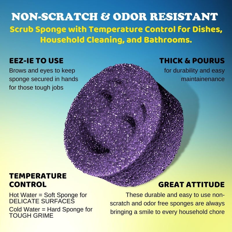 Smilyeez The Original Scrub Moji Scrubbing Sponge by Smilyeez (Set of 3) - Purple - Temperature-Responsive Polymer Foam, Stain and Odor Resistant, Ideal for Kitchen and Bathroom Cleaning - Image 3