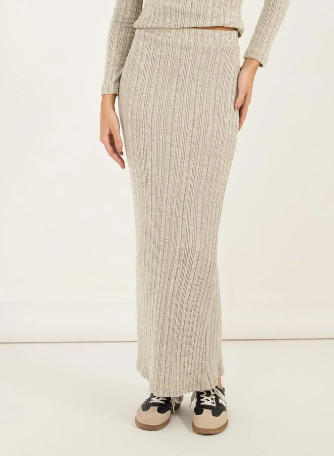 Styli Asymmetrical Hem Rib Knit Top & Bodycon Maxi Skirt Co-Ords