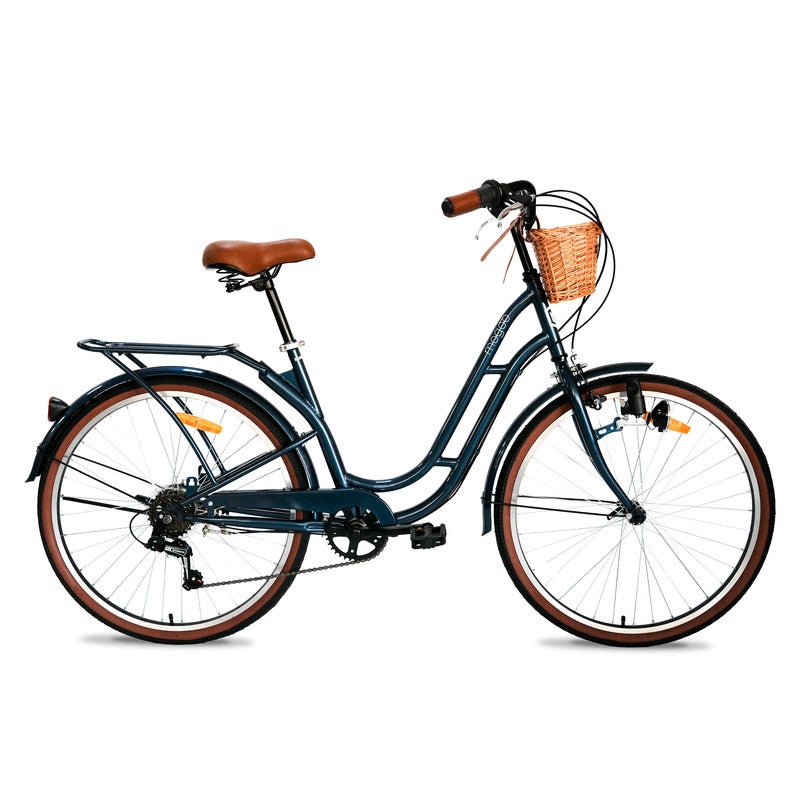 MOGOO Florida Vintage 26-Inch City Bike For Women & Girls, 26 Inch Wheel Sizes | Shimano 6-Speed Drivetrain | Durable Steel Step-Through Frame with Front Wicker Basket | Rear Carrier & Dynamo LED Headlight - Royal Blue - Image 1