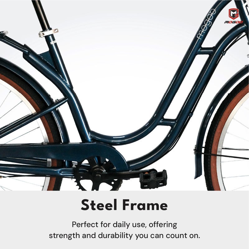 MOGOO Florida Vintage 26-Inch City Bike For Women & Girls, 26 Inch Wheel Sizes | Shimano 6-Speed Drivetrain | Durable Steel Step-Through Frame with Front Wicker Basket | Rear Carrier & Dynamo LED Headlight - Royal Blue - Image 3