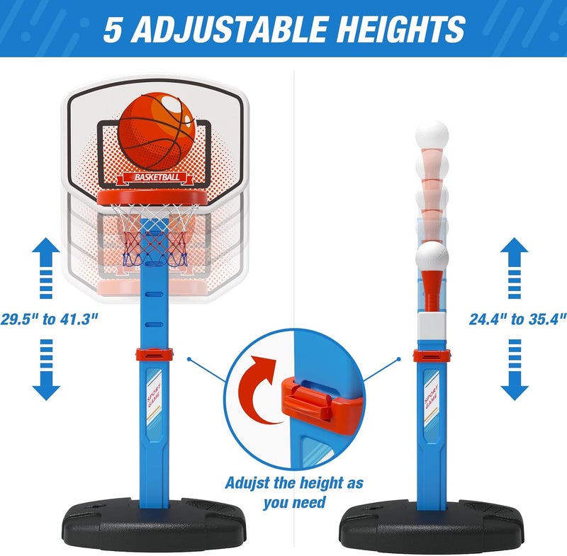 HYES 2 in 1 Kids Basketball Hoop and T Ball Set - Adjustable Height, Kids Baseball Tee with Automatic Pitching Machine, Indoor Outdoor Sport Toys Gifts for Toddler Boys Girls Age 1-5, Blue - Image 3