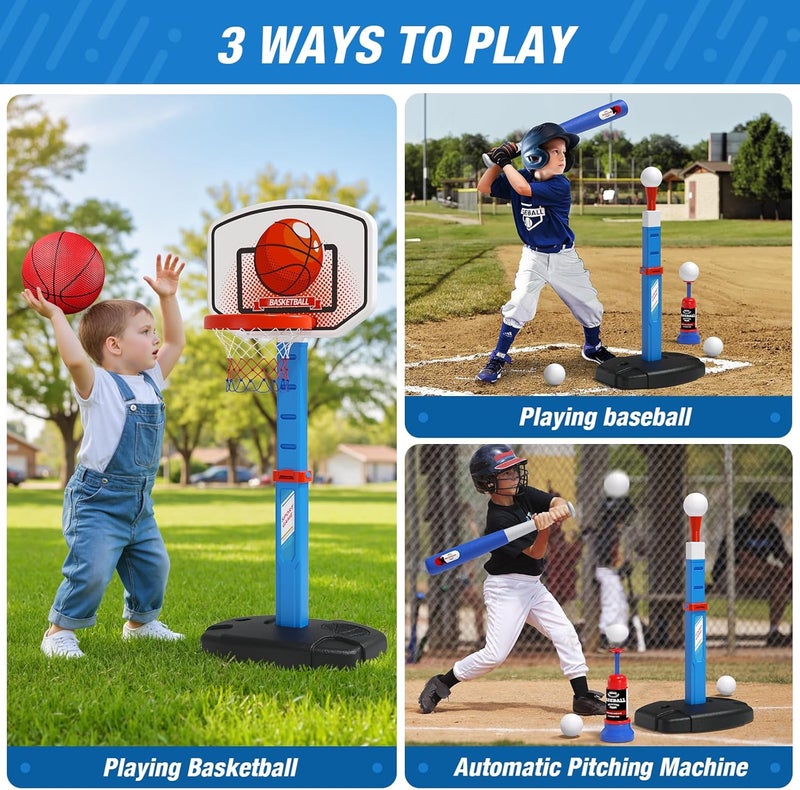 HYES 2 in 1 Kids Basketball Hoop and T Ball Set - Adjustable Height, Kids Baseball Tee with Automatic Pitching Machine, Indoor Outdoor Sport Toys Gifts for Toddler Boys Girls Age 1-5, Blue - Image 2