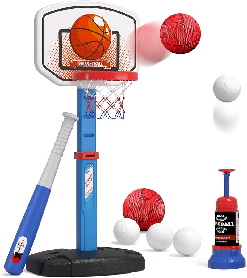 HYES 2 in 1 Kids Basketball Hoop and T Ball Set - Adjustable Height, Kids Baseball Tee with Automatic Pitching Machine, Indoor Outdoor Sport Toys Gifts for Toddler Boys Girls Age 1-5, Blue - Image 1