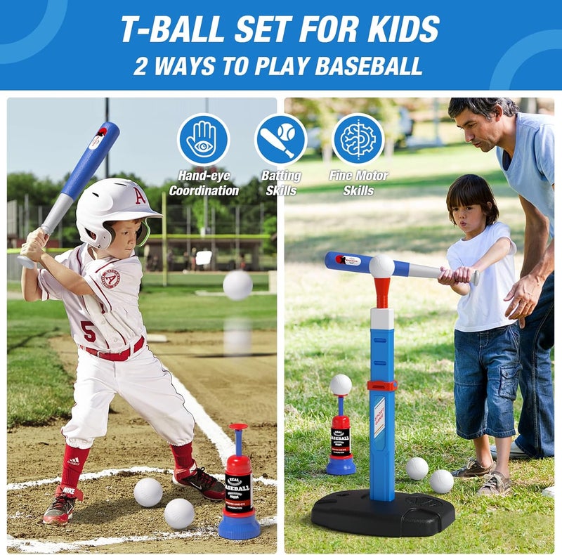 HYES 2 in 1 Kids Basketball Hoop and T Ball Set - Adjustable Height, Kids Baseball Tee with Automatic Pitching Machine, Indoor Outdoor Sport Toys Gifts for Toddler Boys Girls Age 1-5, Blue - Image 4