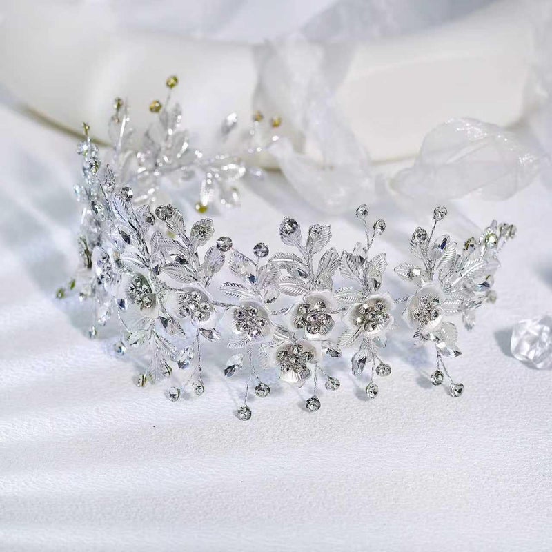 Flower leaf imitation diamond bridal silver headdress - Image 4