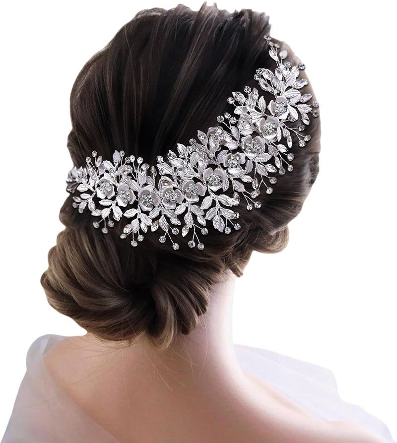 Flower leaf imitation diamond bridal silver headdress - Image 1