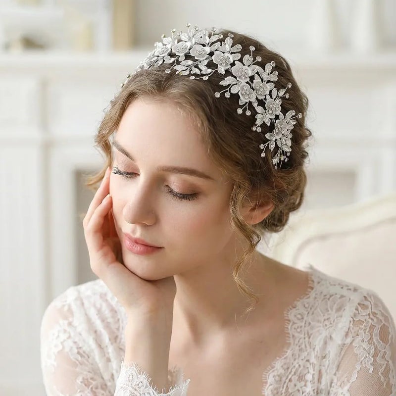Flower leaf imitation diamond bridal silver headdress - Image 2