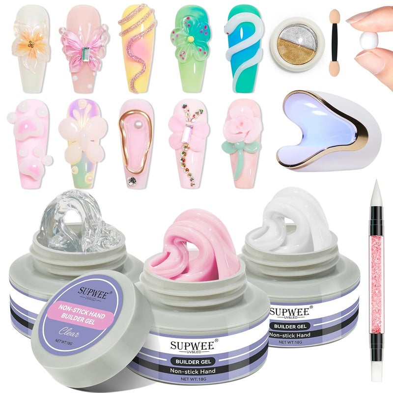 SUPWEE Solid Builder Gel for Nails, Clear White Pink Hard Gel for 3D Nail Art Sculpting with UV Lamp & Chrome Powder for Home DIY Salon, 14g (0.49oz)
