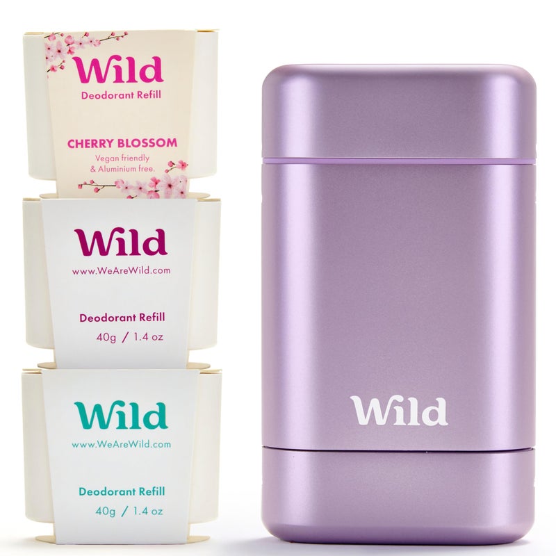 Wild Aluminum Free Deodorant Starter Kit - Refillable Stick Deodorant with Purple Applicator Case & Vegan Refill Variety Pack - Fresh Cotton & Sea Salt, Cherry Blossom and Coconut & Vanilla Scents - Image 1