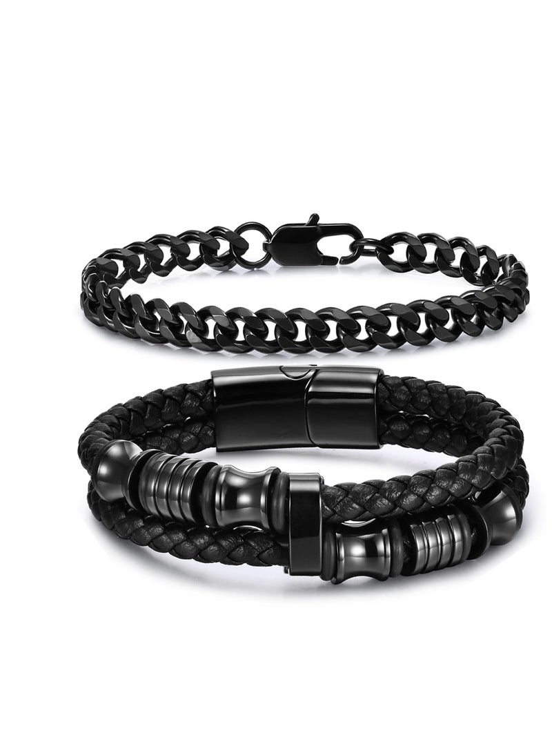 Zikra Leather Chain Bracelets for Men Boy, Mens Boys Cool Stainless Steel Cuban Link Chains Bracelet, with Braided Leather Bracelet Set Cuff Bangle Wrist Band Men Jewelry, Elegance Confidence (2 Pcs) - Image 1