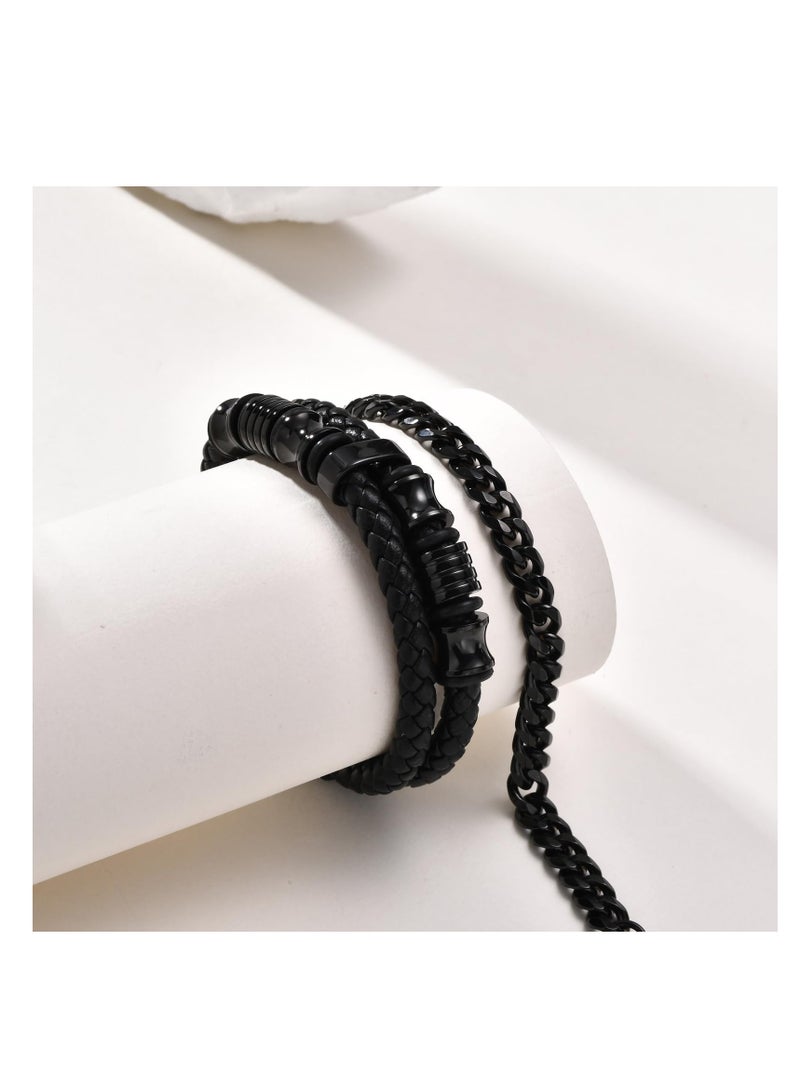 Zikra Leather Chain Bracelets for Men Boy, Mens Boys Cool Stainless Steel Cuban Link Chains Bracelet, with Braided Leather Bracelet Set Cuff Bangle Wrist Band Men Jewelry, Elegance Confidence (2 Pcs) - Image 4