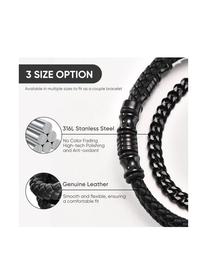 Zikra Leather Chain Bracelets for Men Boy, Mens Boys Cool Stainless Steel Cuban Link Chains Bracelet, with Braided Leather Bracelet Set Cuff Bangle Wrist Band Men Jewelry, Elegance Confidence (2 Pcs) - Image 5