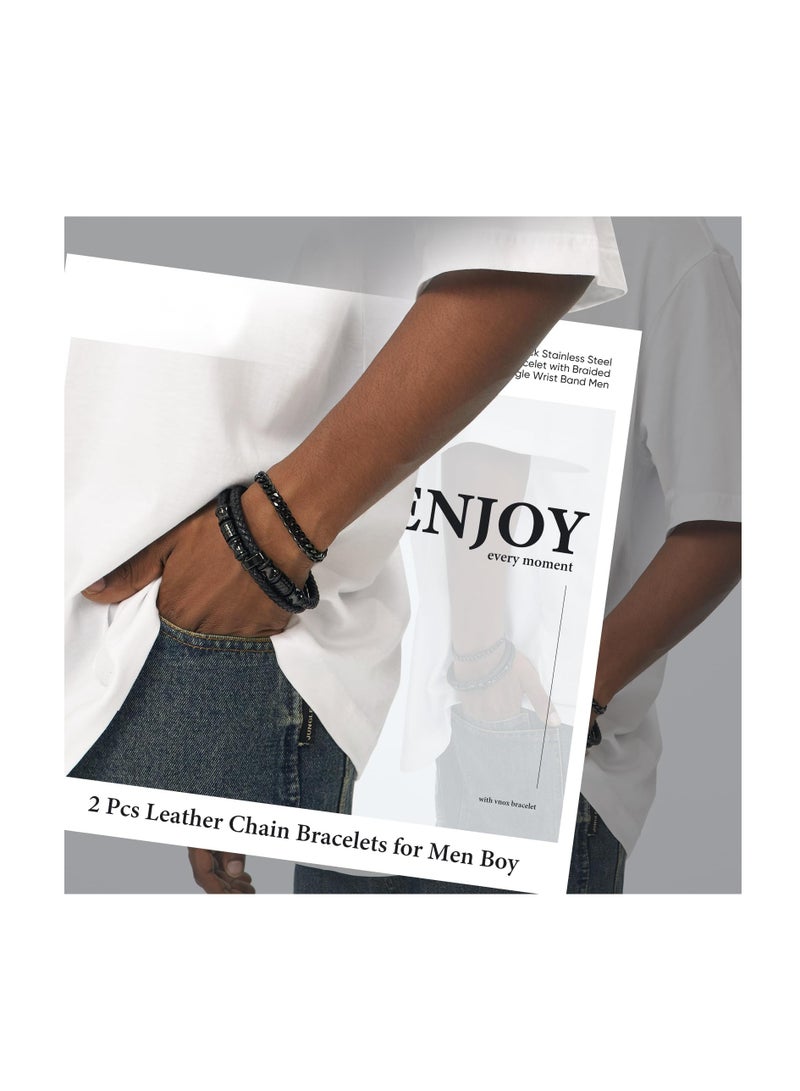 Zikra Leather Chain Bracelets for Men Boy, Mens Boys Cool Stainless Steel Cuban Link Chains Bracelet, with Braided Leather Bracelet Set Cuff Bangle Wrist Band Men Jewelry, Elegance Confidence (2 Pcs) - Image 2