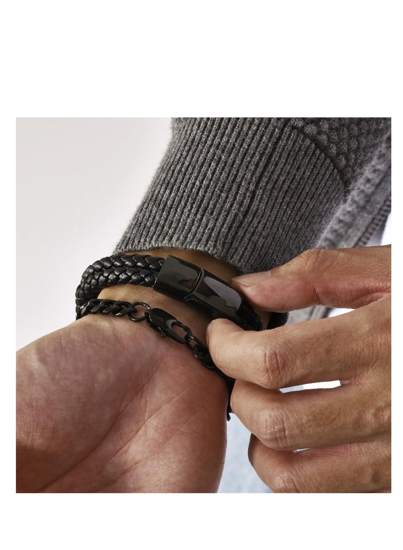 Zikra Leather Chain Bracelets for Men Boy, Mens Boys Cool Stainless Steel Cuban Link Chains Bracelet, with Braided Leather Bracelet Set Cuff Bangle Wrist Band Men Jewelry, Elegance Confidence (2 Pcs) - Image 3