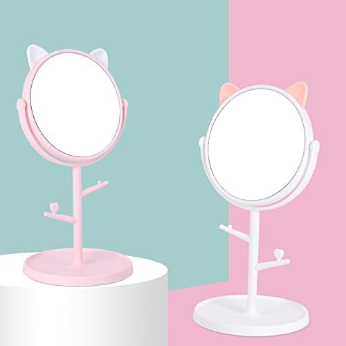 Mockery Plastic Portable Tabletop Makeup Round Mirror Vanity Mirror Cute Cat Ear Shaped Rotating Cosmetic Mirror For Home Bathroom Desktop Cosmetic Mirror For Women (Mintcream White) - Image 2