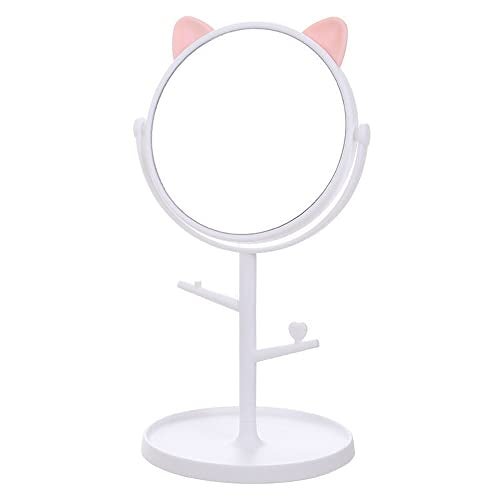 Mockery Plastic Portable Tabletop Makeup Round Mirror Vanity Mirror Cute Cat Ear Shaped Rotating Cosmetic Mirror For Home Bathroom Desktop Cosmetic Mirror For Women (Mintcream White) - Image 1