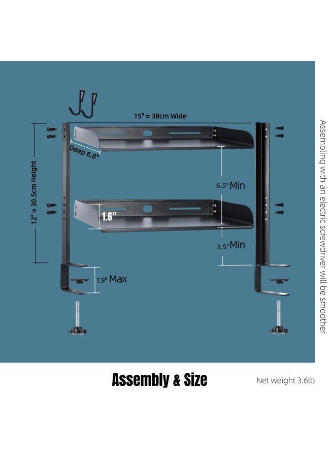 Yuxh Clamp On Desk Shelf 2 Tier Cilp Under Table Organizer, Black-S, 15 inch - Image 2