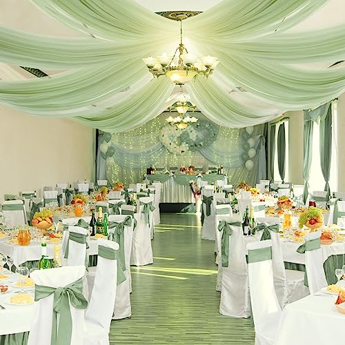 BBTO 6 Panels Sage Ceiling Drapes for Weddings 5 ft X10 ft Green Chiffon Curtain Wedding Ceiling Drapes Sheer Curtains - Image 2