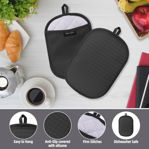 Hovico 2PCS Silicone Pot Holders, Oven Mitts Heat Resistant Hot Pads with Pockets, Non Slip Pot Holder for Kitchen Baking and Cooking| 9.8 x 7 Inches | Towel Cloth Interior Lining - Black - Image 3