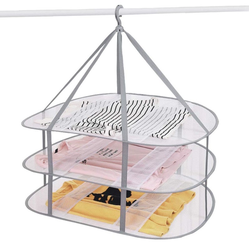 Hanging Dryer 3-Tier Foldable Clothes Rack Grey - Windproof Mesh Drying Rack with Compact Folding Design for Sweaters Delicates Indoor Outdoor Use - Image 1