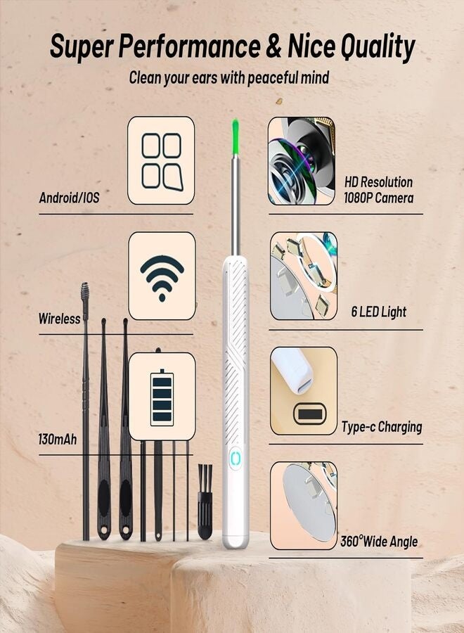 نواكيي أداة إزالة شمع الأذن المرئية الذكية مع كاميرا HD 1080P، منظار أذن لاسلكي للآيفون والأندرويد - Image 3