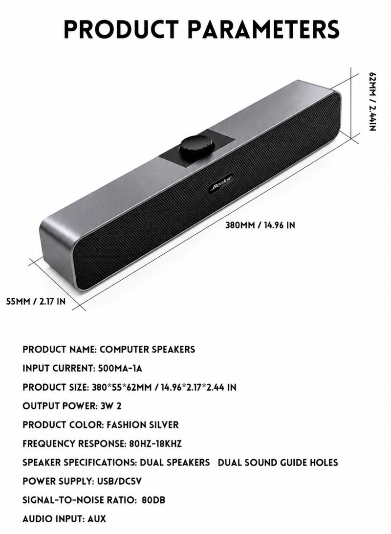 BONKS Computer Speakers with 3.5 mm Aux, Small PC Speakers Powered by USB, Wired USB Desktop Speaker, USB Soundbar for Monitor, Mini Stereo Speaker for PC, Tablets, Laptop, Tablets, Xbox, Plug and Play - Image 3