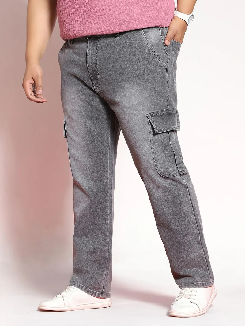 Urbano Fashion  Urbano Plus Men's Light Grey Regular Fit Washed Cargo Jeans with 6 Pockets Stretchable  | Best Price UAE