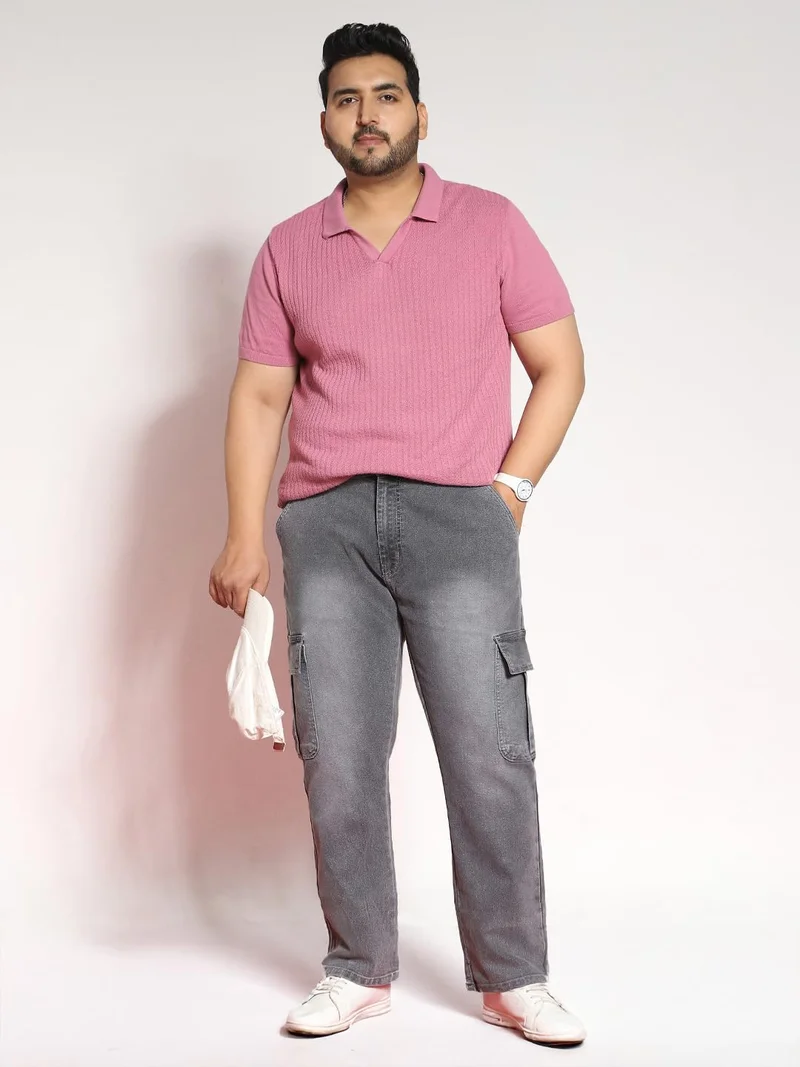 Urbano Fashion  Urbano Plus Men's Light Grey Regular Fit Washed Cargo Jeans with 6 Pockets Stretchable  | Best Price UAE