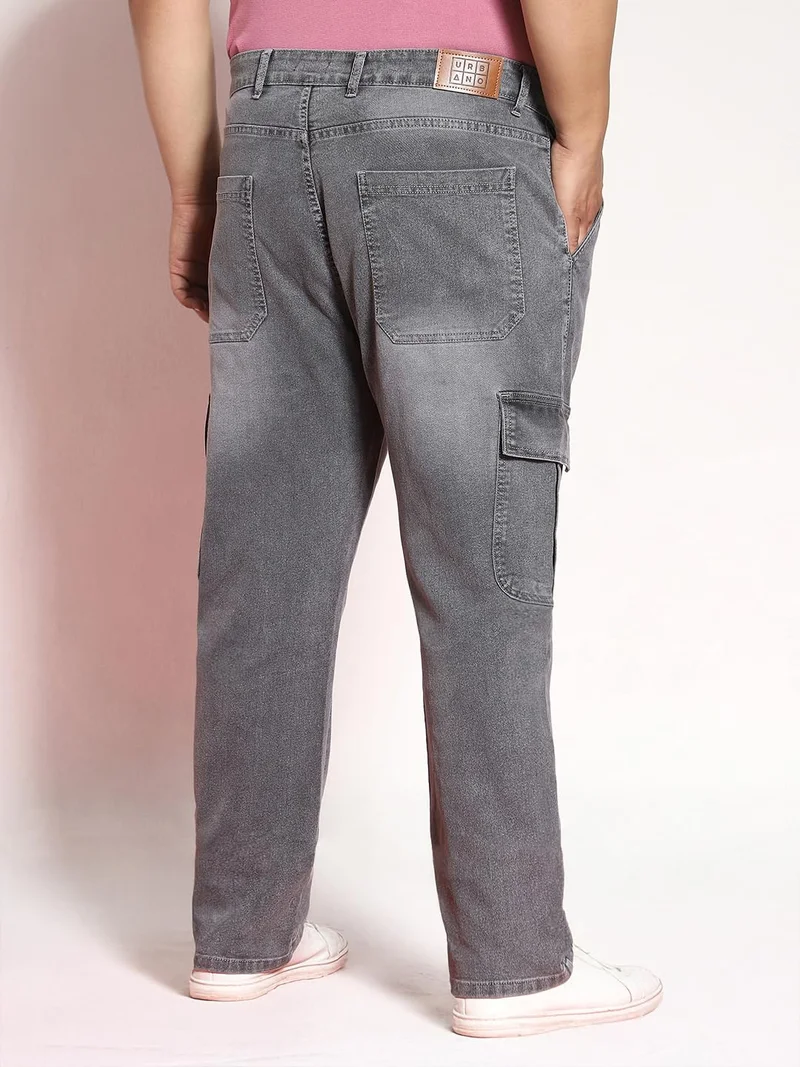 Urbano Fashion  Urbano Plus Men's Light Grey Regular Fit Washed Cargo Jeans with 6 Pockets Stretchable  | Best Price UAE