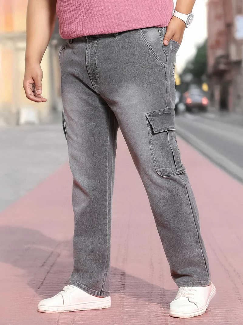 Urbano Plus Men's Light Grey Regular Fit Washed Cargo Jeans with 6 Pockets Stretchable