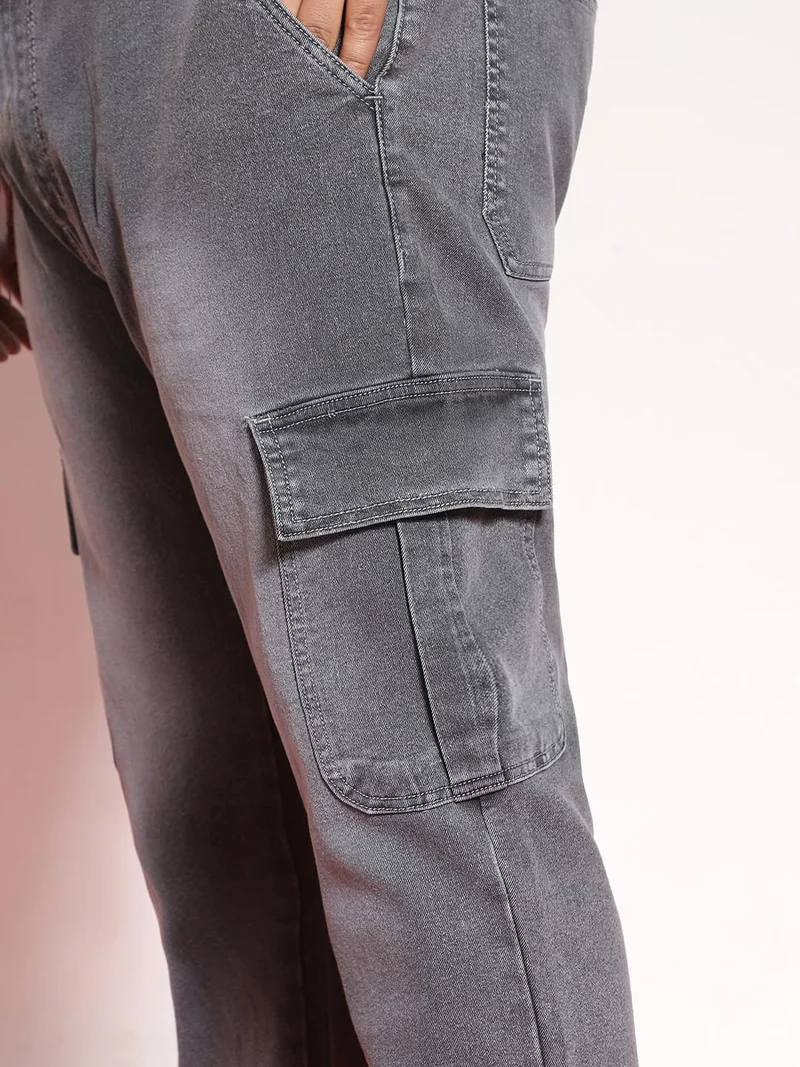 Urbano Fashion  Urbano Plus Men's Light Grey Regular Fit Washed Cargo Jeans with 6 Pockets Stretchable  | Best Price UAE