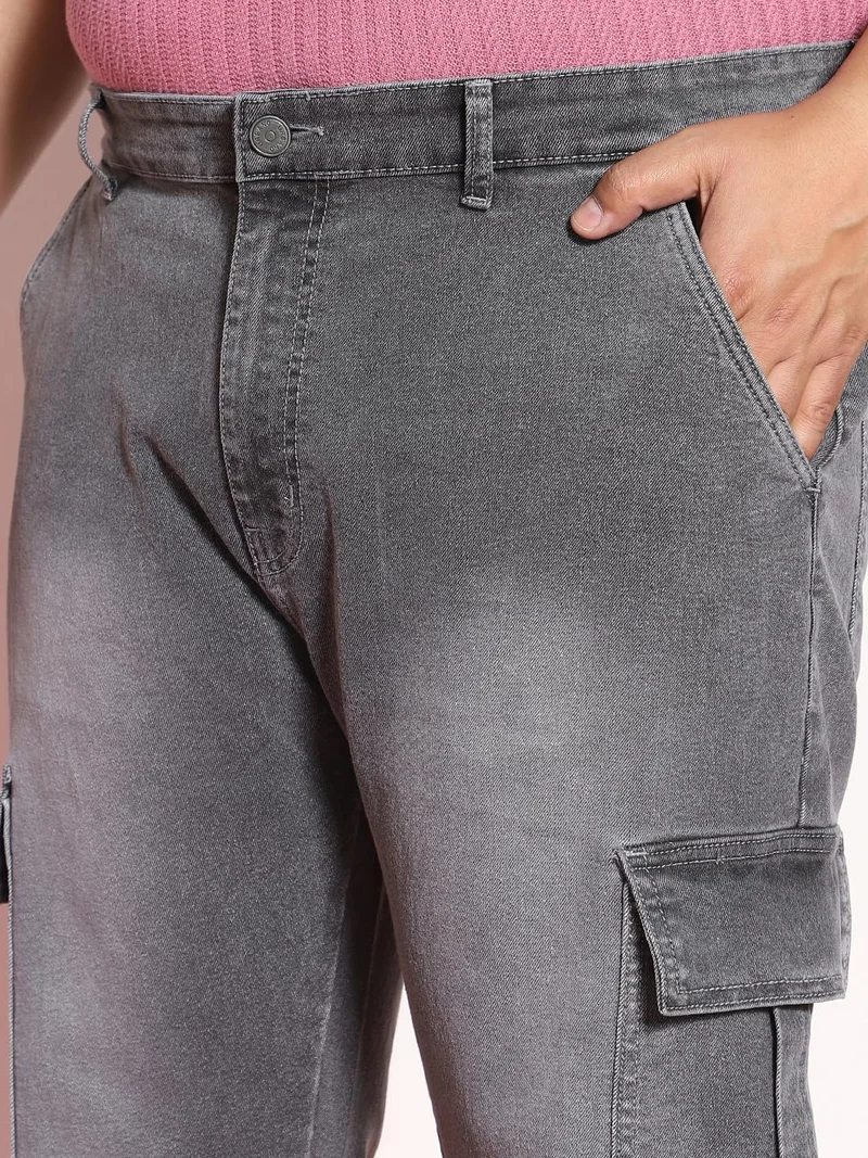 Urbano Fashion  Urbano Plus Men's Light Grey Regular Fit Washed Cargo Jeans with 6 Pockets Stretchable  | Best Price UAE