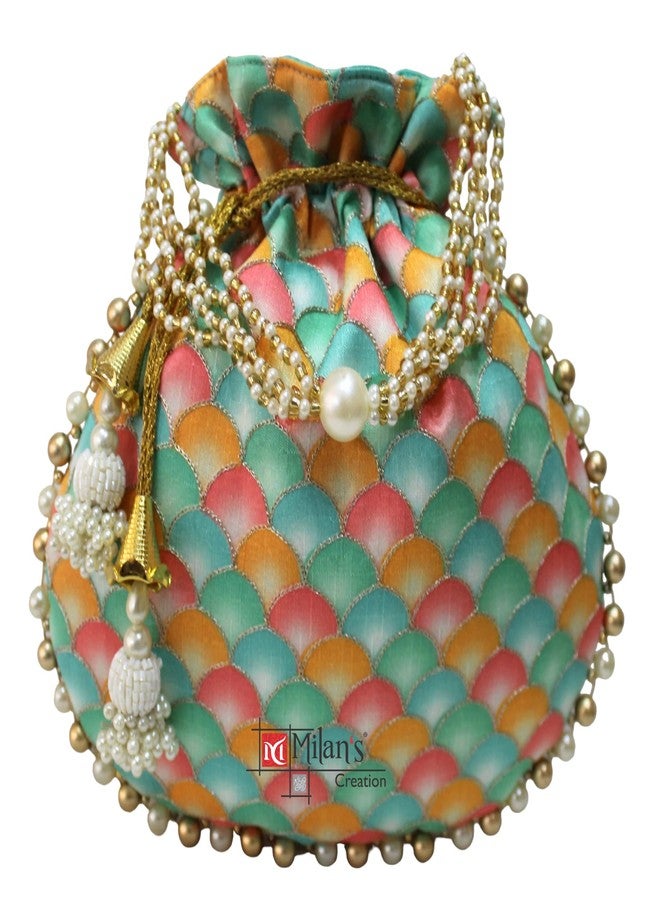 MILAN'S CREATION Designer Potli Bag Golden Embroidery Purse Drawstring Women's handbag with Pearl Handle & Tassel Weddings (Red) - Image 1