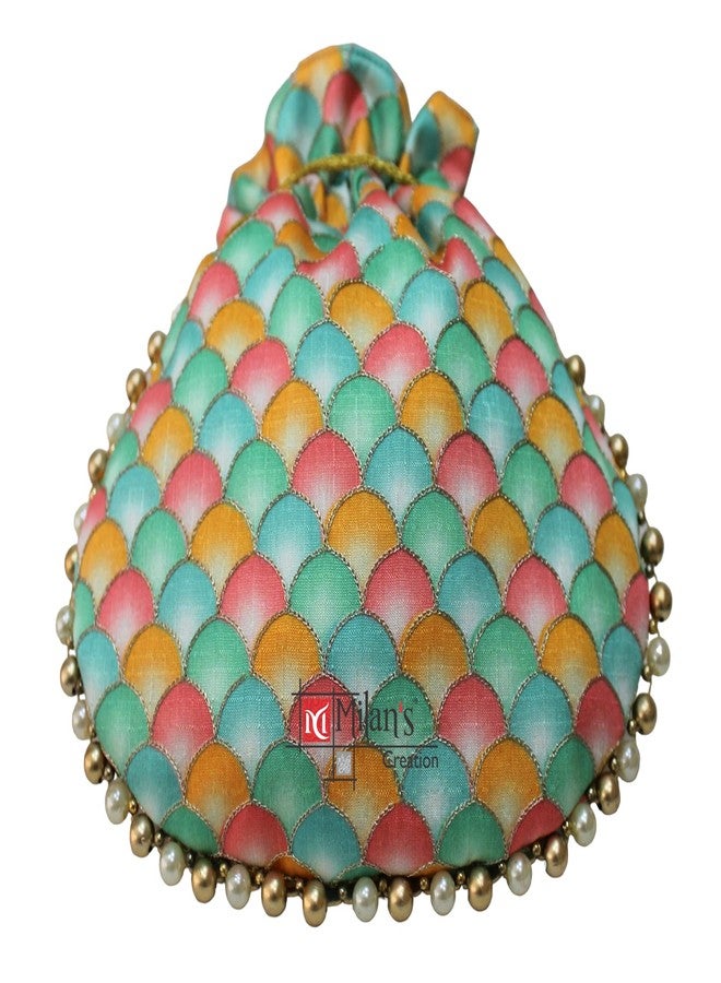 MILAN'S CREATION Designer Potli Bag Golden Embroidery Purse Drawstring Women's handbag with Pearl Handle & Tassel Weddings (Red) - Image 5