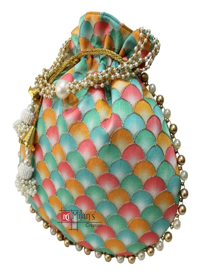 MILAN'S CREATION Designer Potli Bag Golden Embroidery Purse Drawstring Women's handbag with Pearl Handle & Tassel Weddings (Red) - Image 2