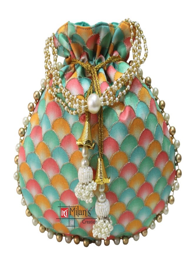 MILAN'S CREATION Designer Potli Bag Golden Embroidery Purse Drawstring Women's handbag with Pearl Handle & Tassel Weddings (Red) - Image 3