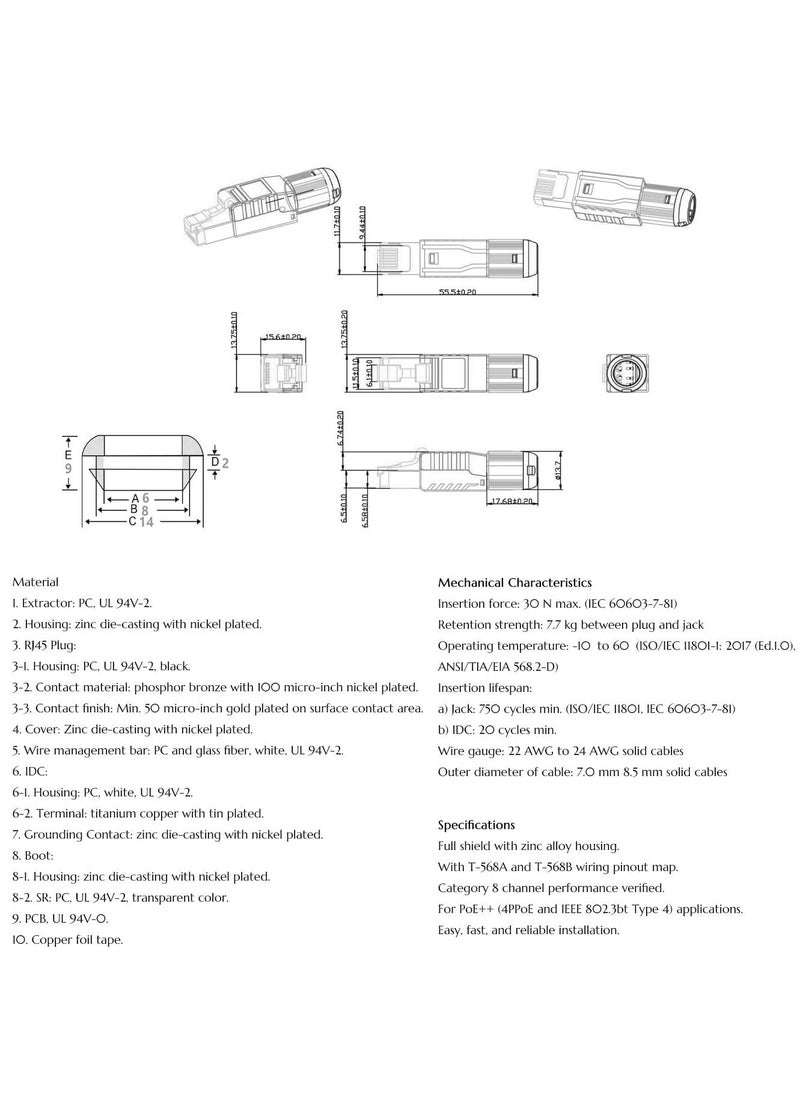RJ45 Connectors Tool Free Cat 8, Cat8 Field Termination Plug Shielded RJ45 Modular Plugs for 2000MHz 2GHz 40G Double Shielded Solid LAN Cable 22AWG-24AWG (6-Pack)