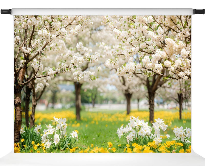 Kate Spring Backdrop White Sakura Green Grass Natural Scenery Forest Trees Season Holiday Photography Props, 7x5ft - Image 5