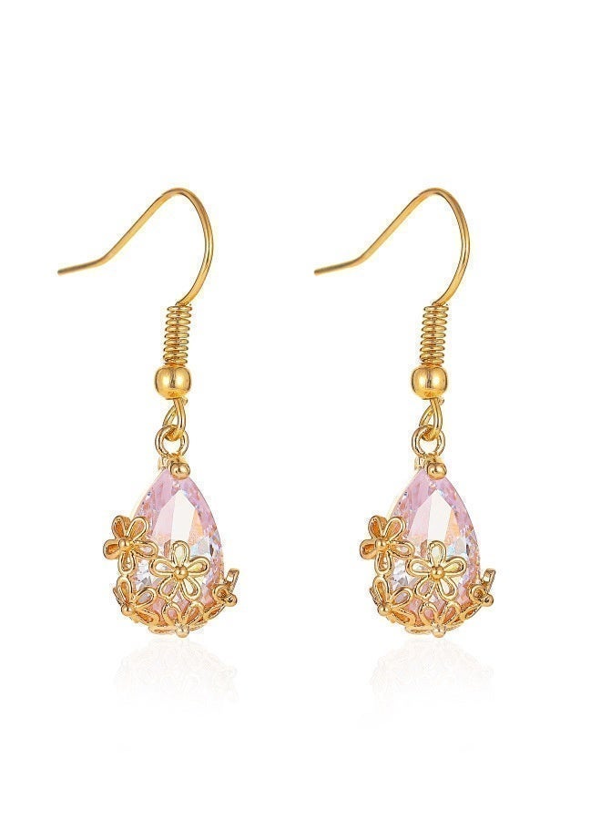 DAEVO Gold Plated Pink Teardrop Crystal Drop Earrings, Floral Filigree for Women - Image 1