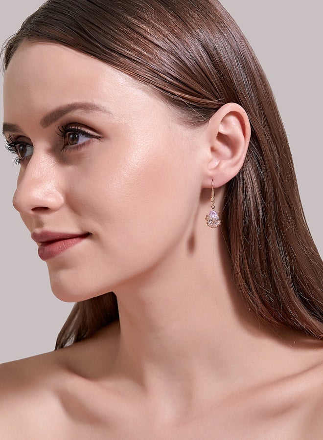 DAEVO Gold Plated Pink Teardrop Crystal Drop Earrings, Floral Filigree for Women - Image 4