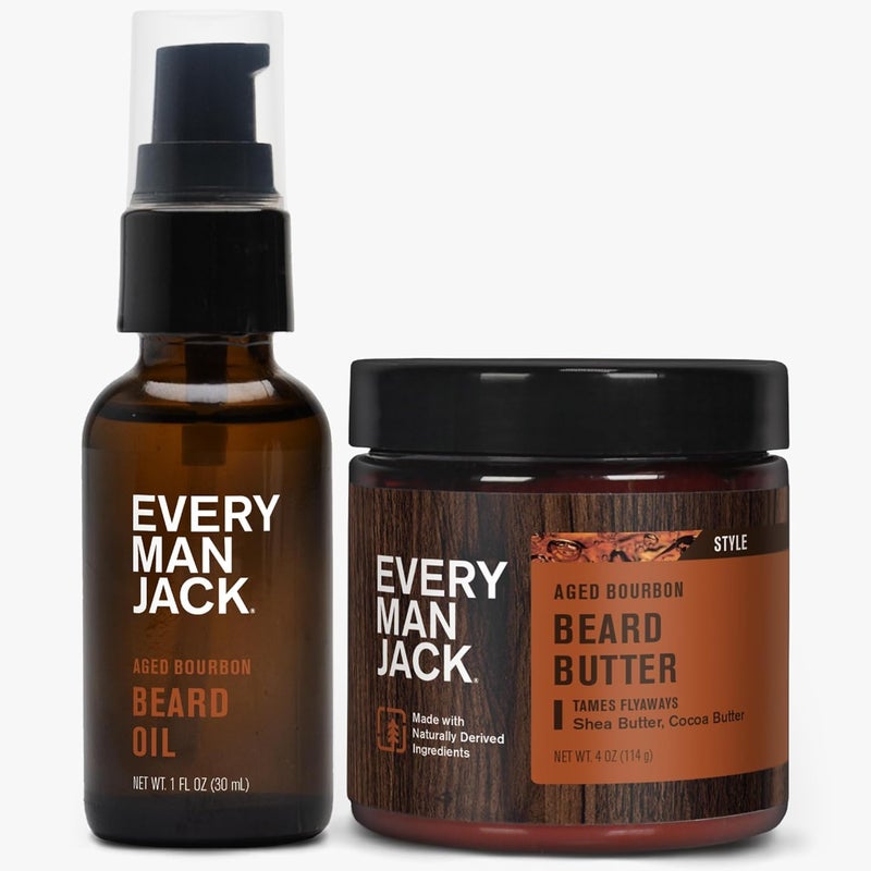Every Man Jack Beard Oil  Beard Butter Bundle  Aged Bourbon Fragrance  Rejuvenates Hydrates  Styles Dry Beards  Naturally Derived with Cocoa Butter and Shea Butter